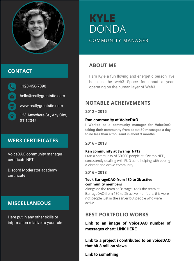 non tech web3 jobs resume sample for community managers